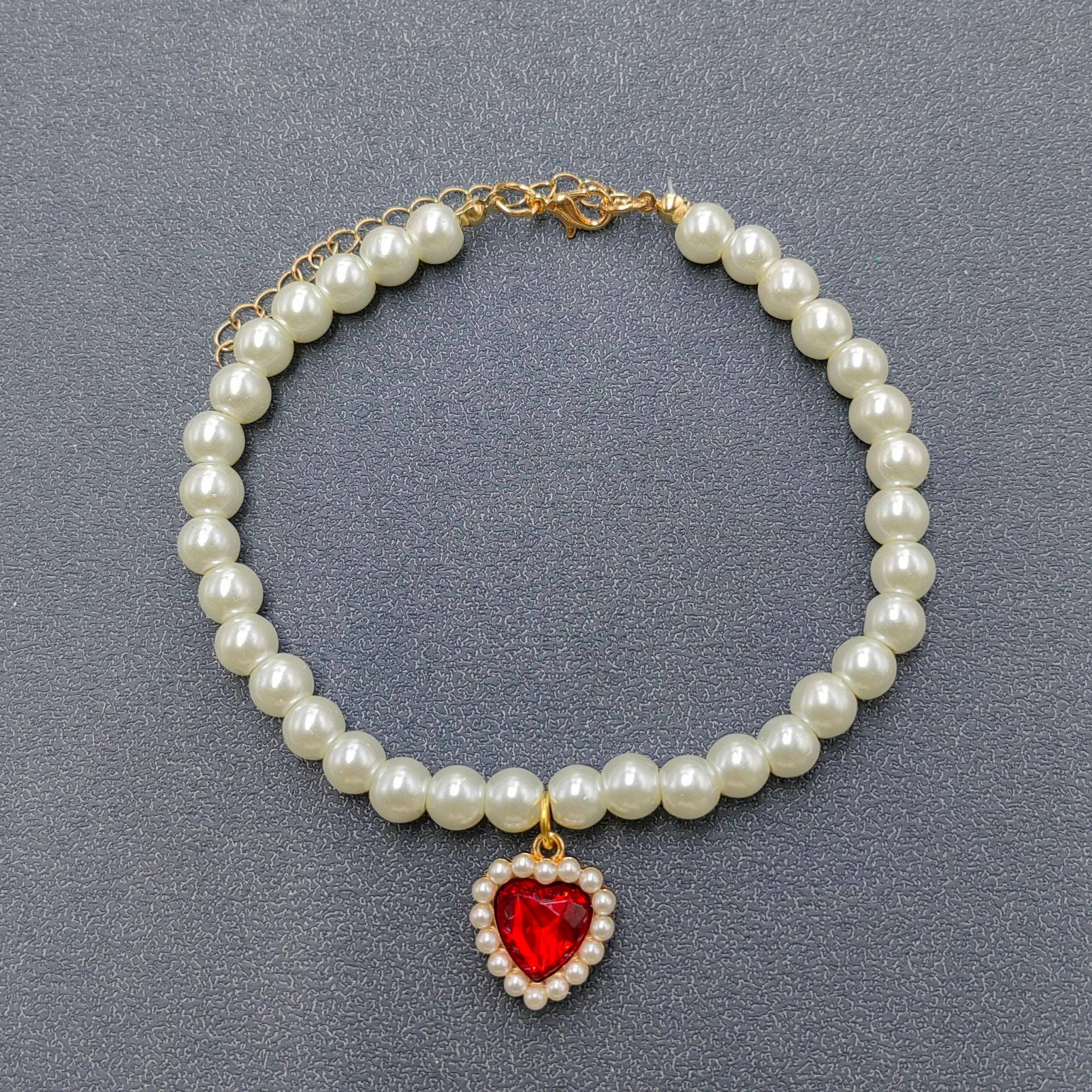 Glass Heart-shaped Charm Pearl Beaded Collar for Pet