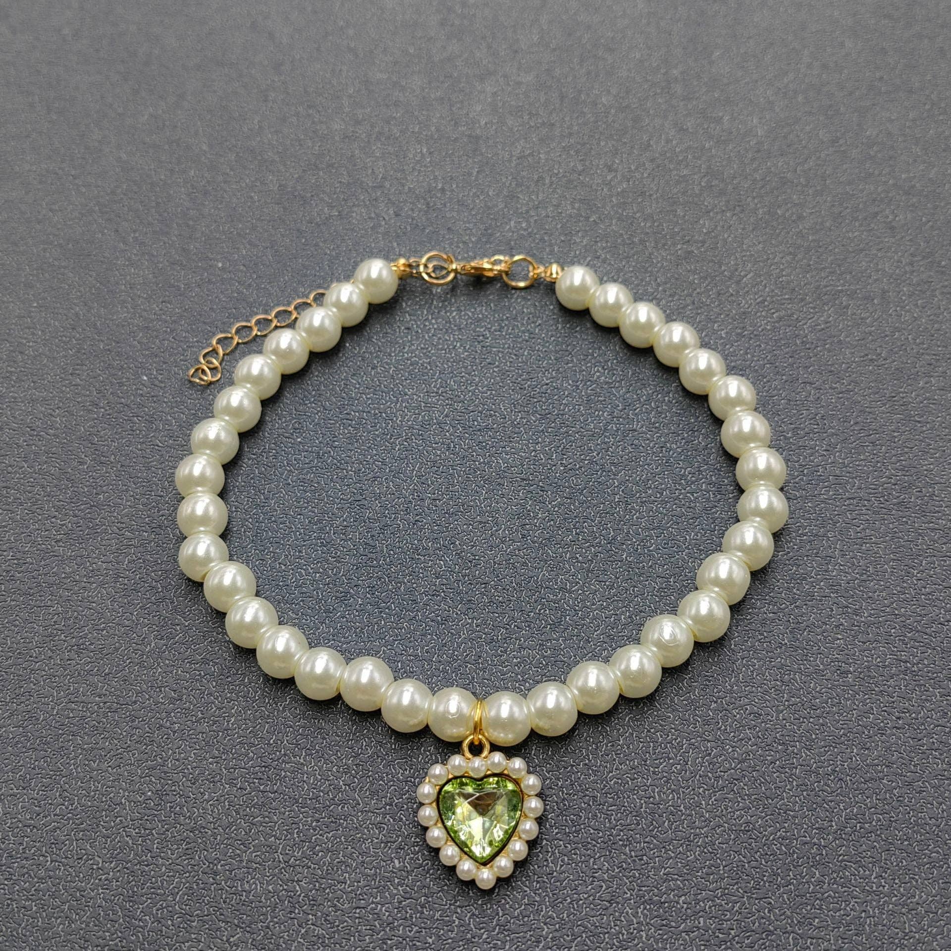 Glass Heart-shaped Charm Pearl Beaded Collar for Pet