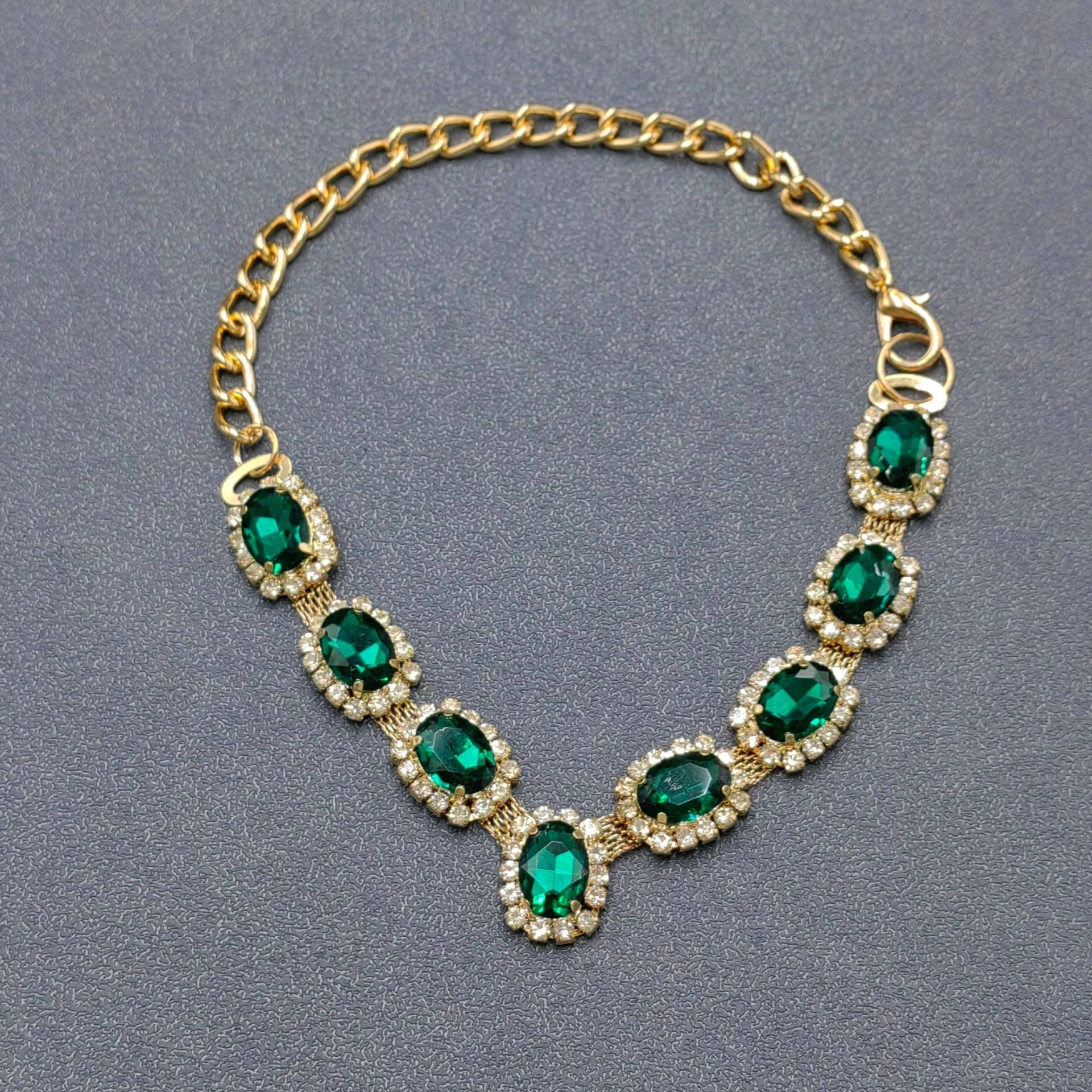 Green Glass Rhinestone Chain Linked Cat & Dog Pet Collar