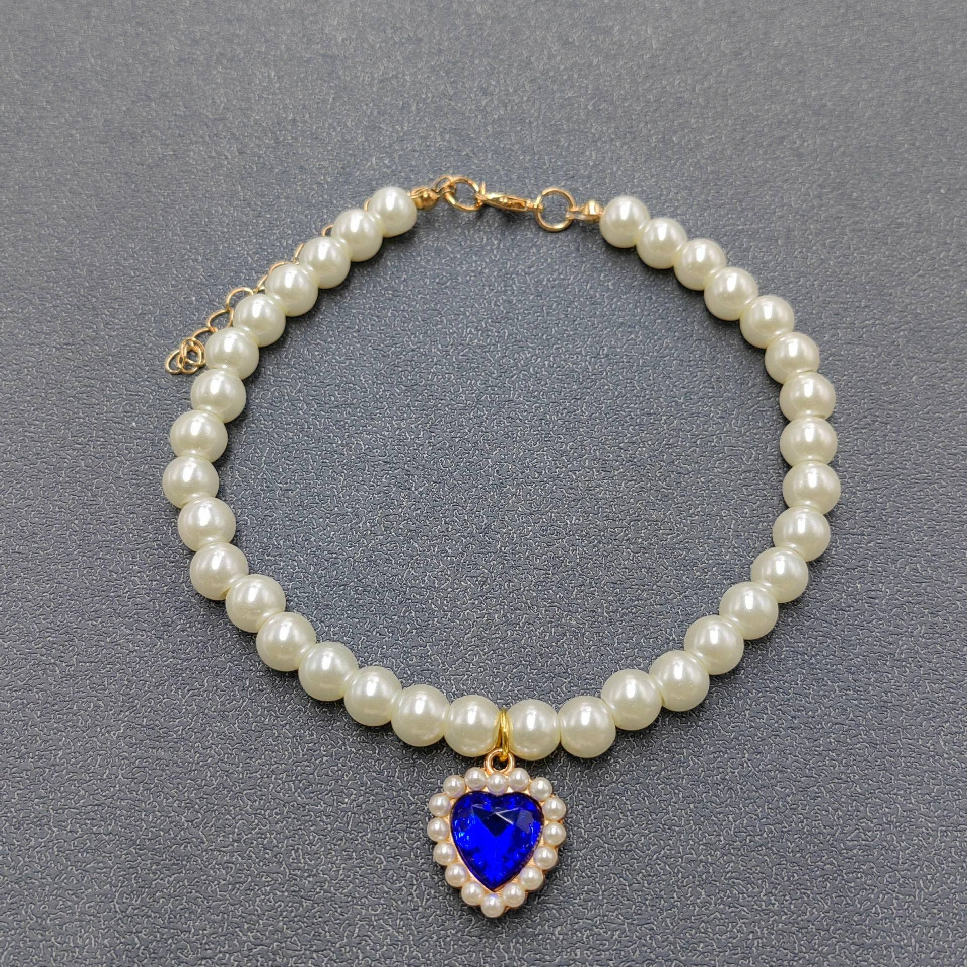 Glass Heart-shaped Charm Pearl Beaded Collar for Pet
