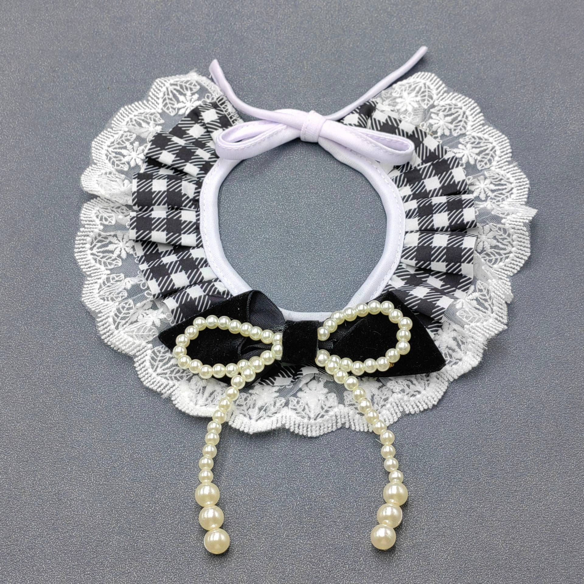 Pearl Bow Black White Plaid Cat & Dog Pet Collar MIO62935