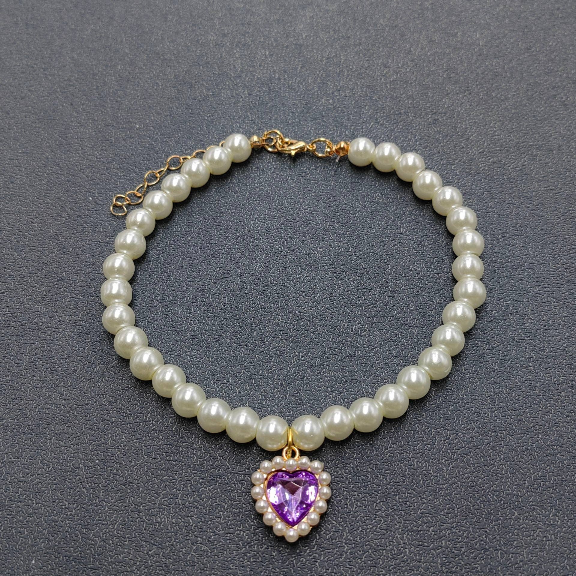 Glass Heart-shaped Charm Pearl Beaded Collar for Pet