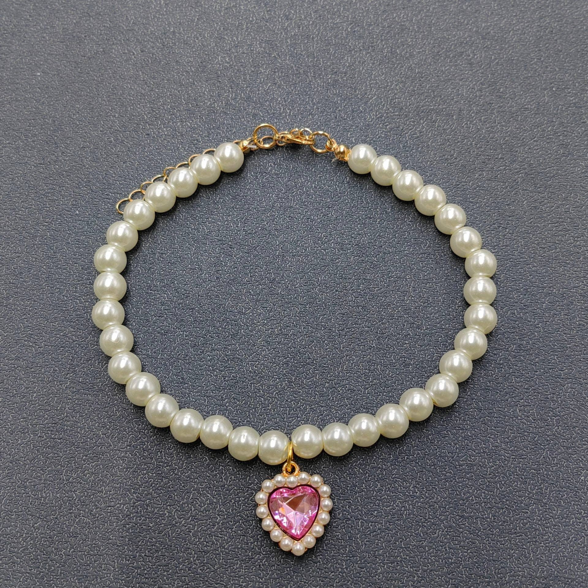 Glass Heart-shaped Charm Pearl Beaded Collar for Pet