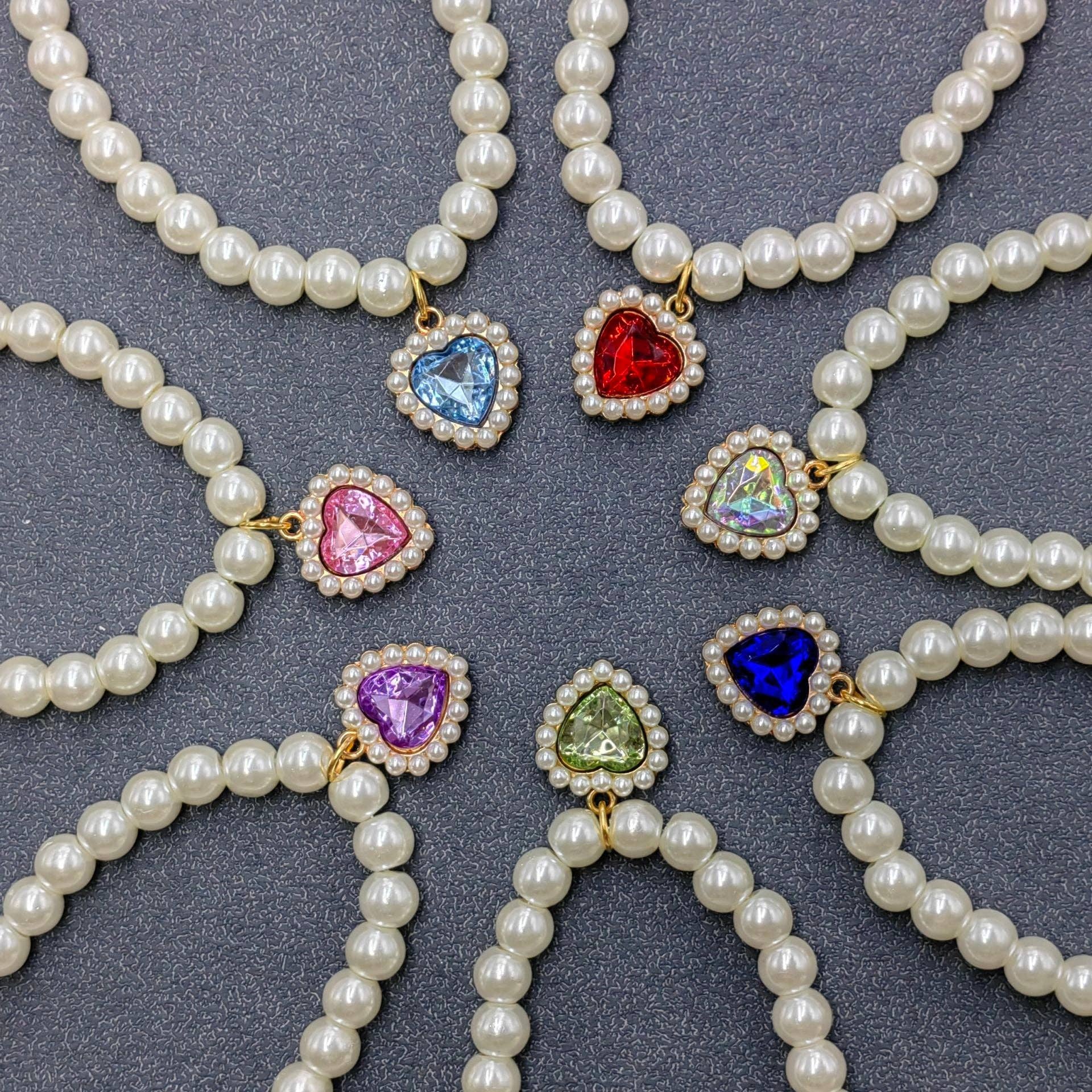 Glass Heart-shaped Charm Pearl Beaded Collar for Pet