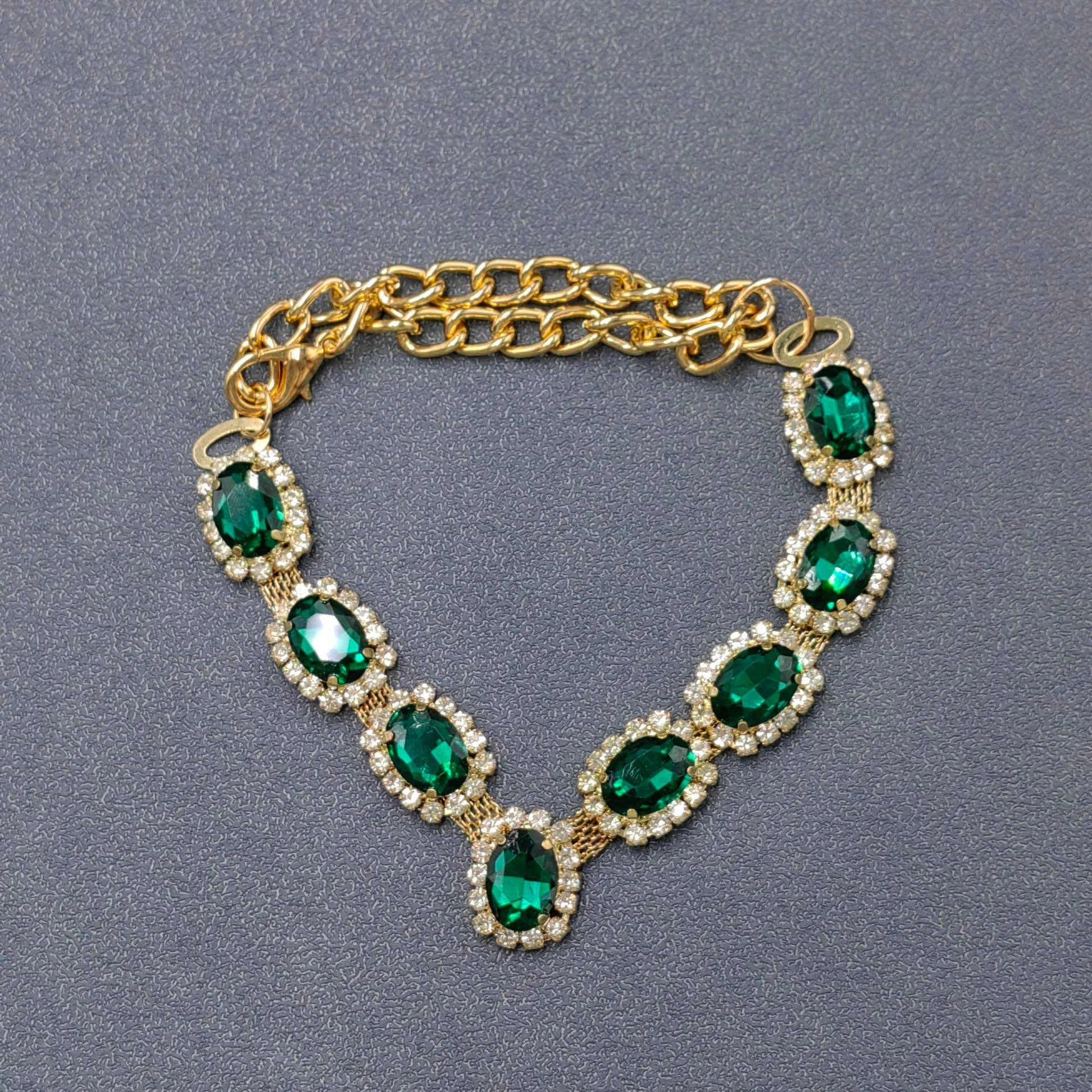 Green Glass Rhinestone Chain Linked Cat & Dog Pet Collar