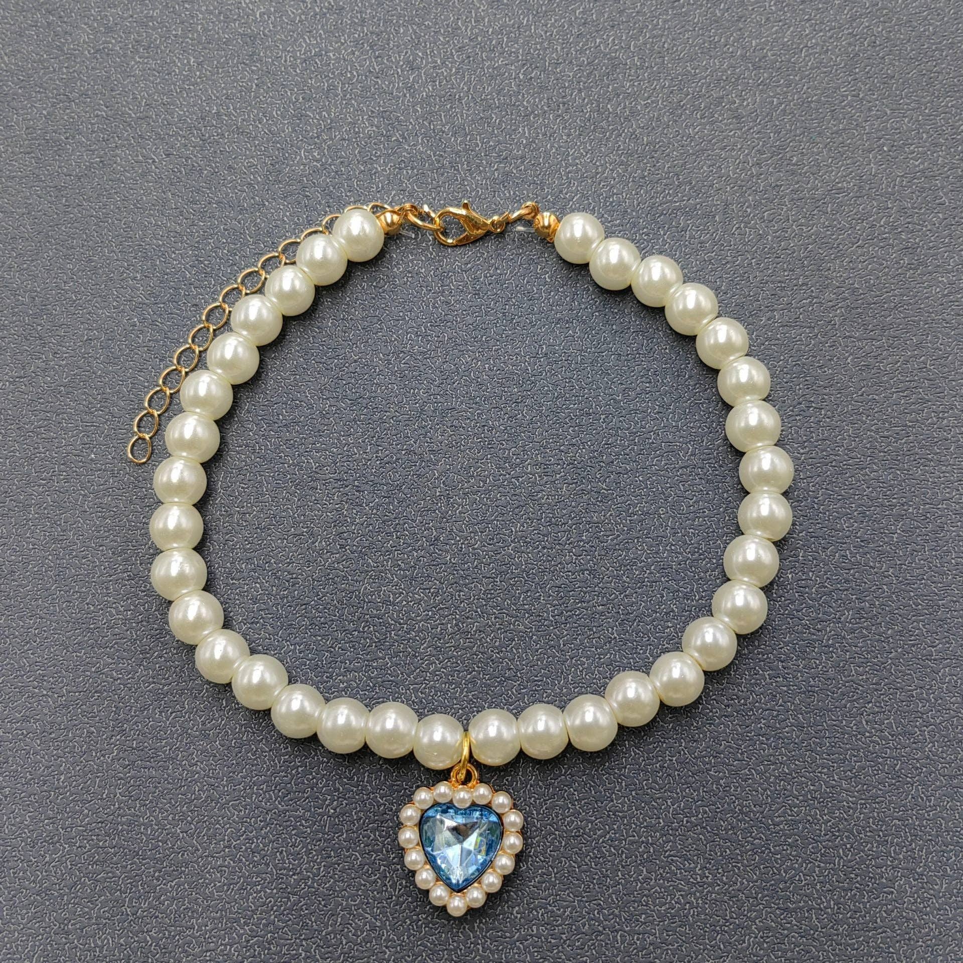 Glass Heart-shaped Charm Pearl Beaded Collar for Pet