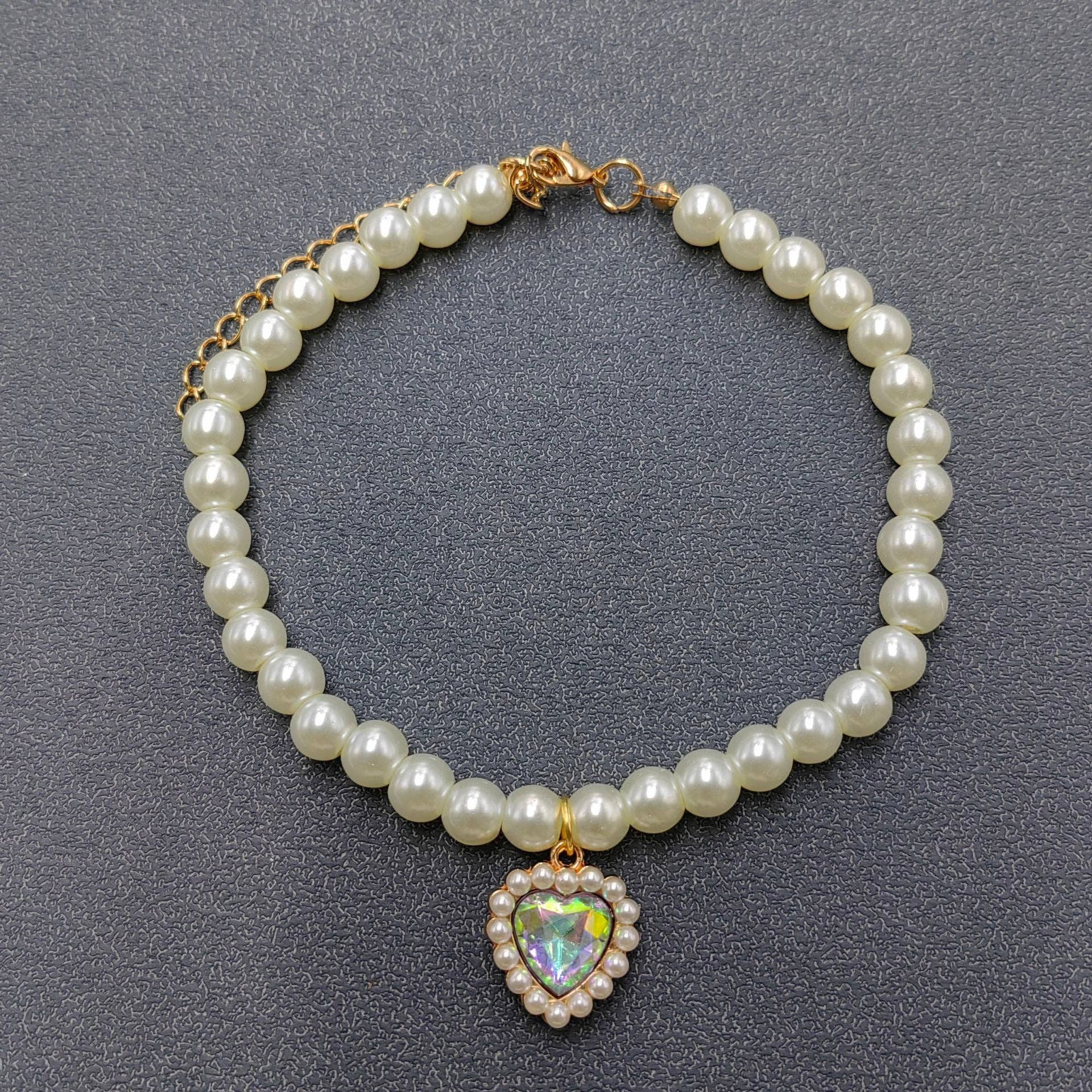 Glass Heart-shaped Charm Pearl Beaded Collar for Pet